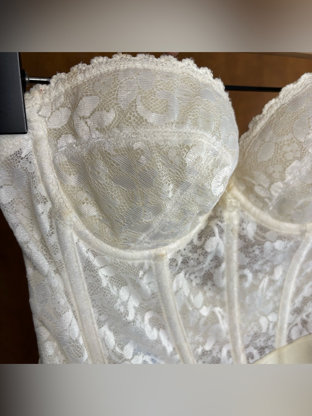 Vintage 70s Cream White Sheer Mesh Floral Lace Corset Top Bustier Longline Bra - Picture 4 of 16